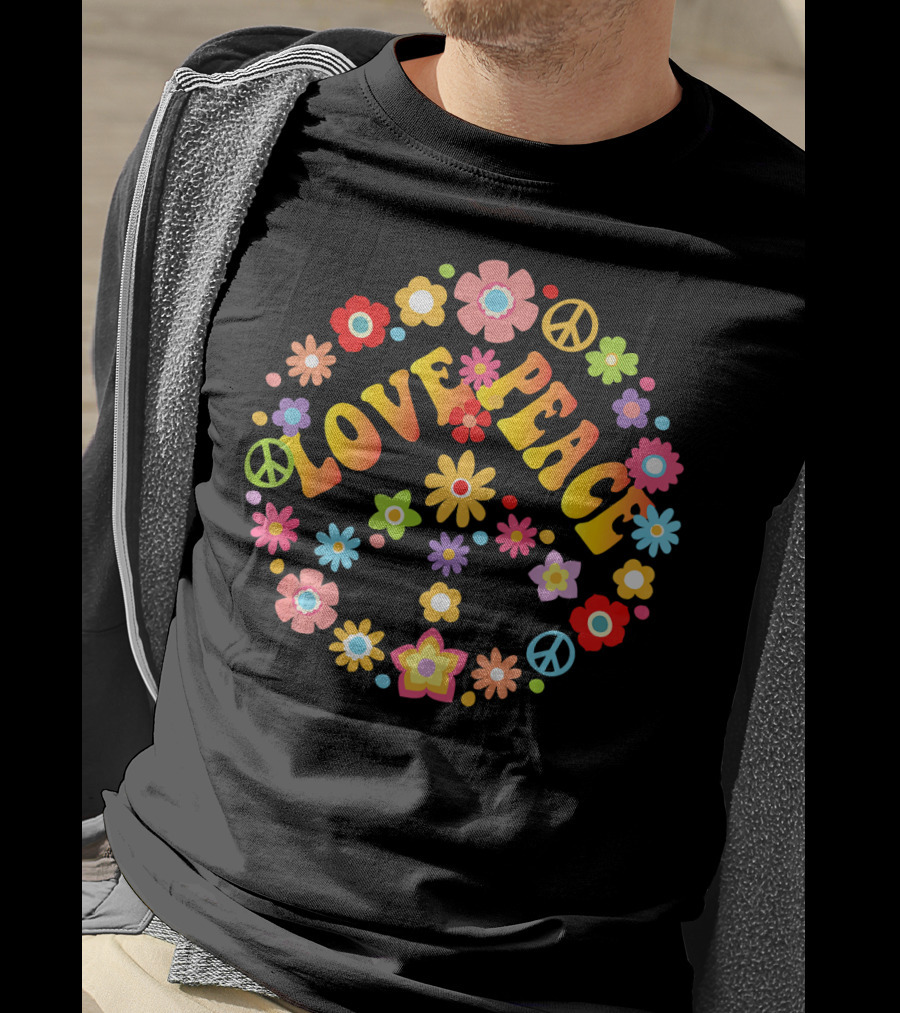 LOVE PEACE 60s 70s Tie Dye Peace Sign Floral T-Shirt
