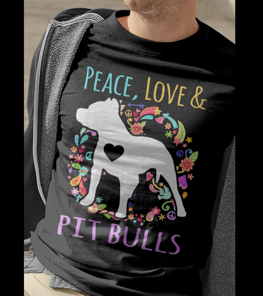 Peace Love And Pit Bulls Colorful Floral Heart Dog T-Shirt