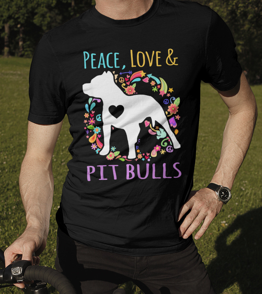 Peace Love And Pit Bulls Colorful Floral Heart Dog T-Shirt