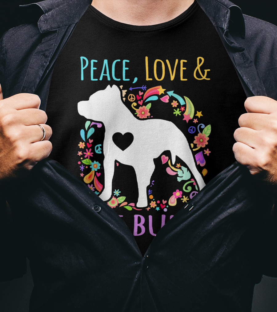 Peace Love And Pit Bulls Colorful Floral Heart Dog T-Shirt