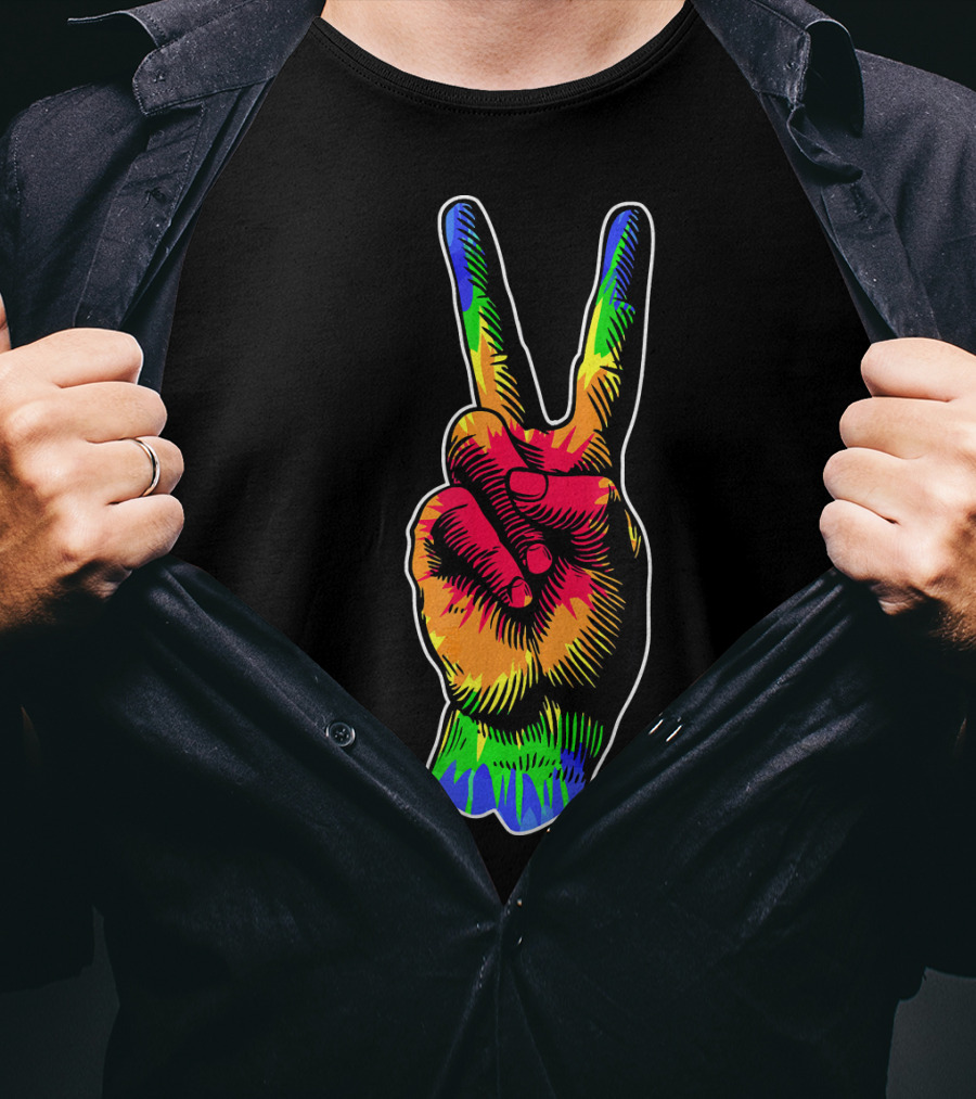 Tye Dye Peace Sign Rainbow Hand Gesture T-Shirt