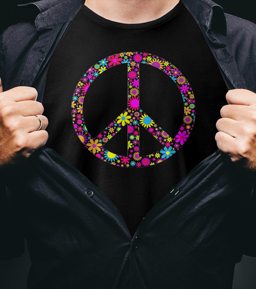 Vintage Floral Peace Sign Colorful Hippie Flowers T-Shirt