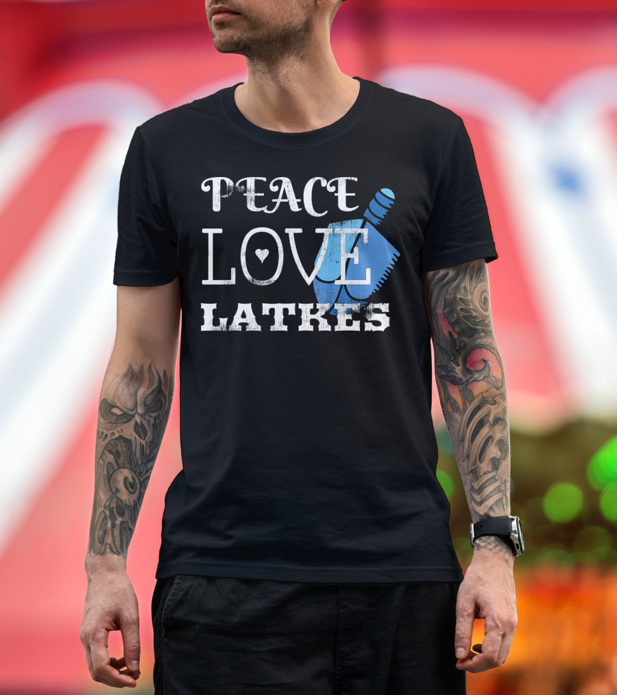 Peace Love Latkes Blue Dreidel T-Shirt