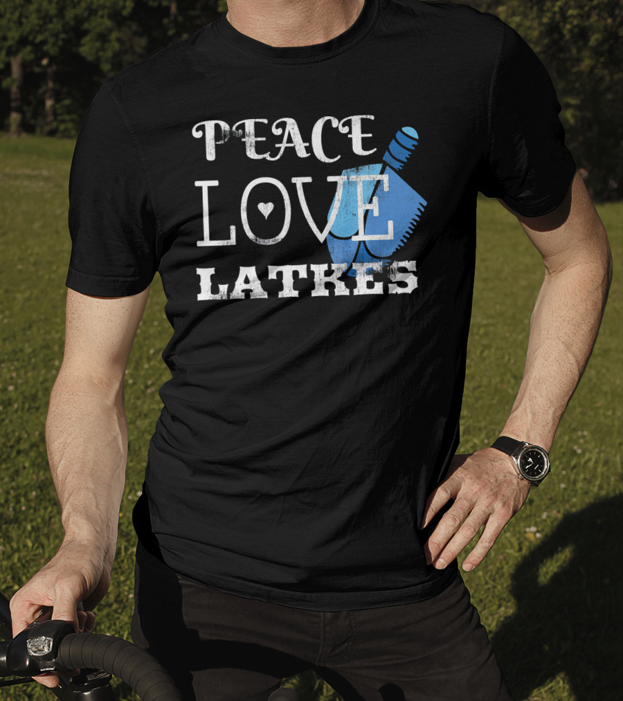Peace Love Latkes Blue Dreidel T-Shirt