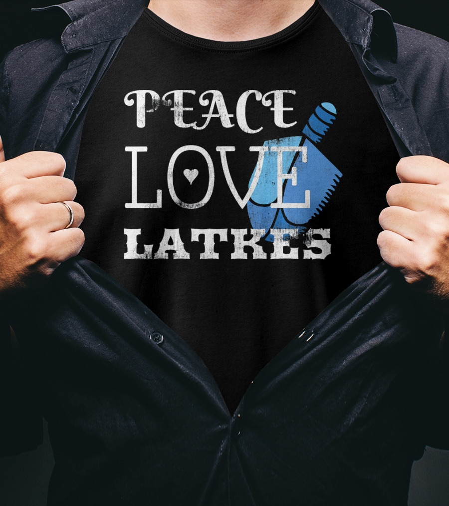 Peace Love Latkes Blue Dreidel T-Shirt