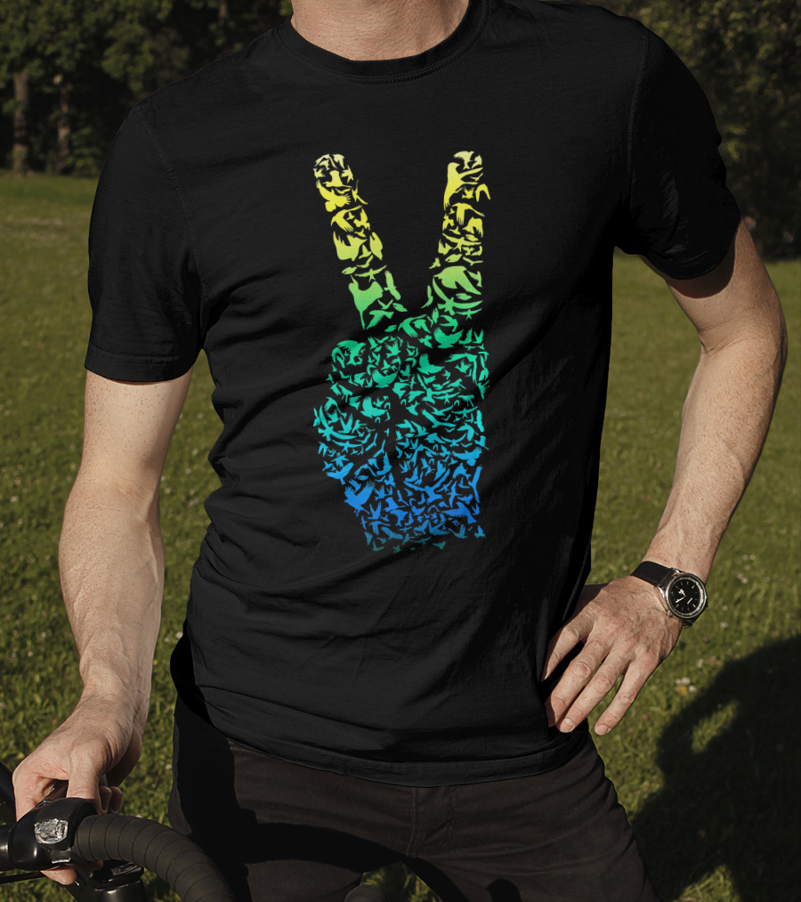 Colorful Birds Peace Hand Sign ASL Finger La T-Shirt