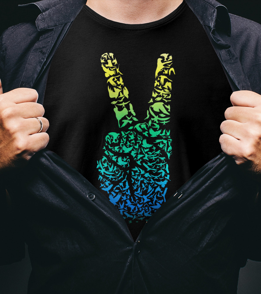 Colorful Birds Peace Hand Sign ASL Finger La T-Shirt