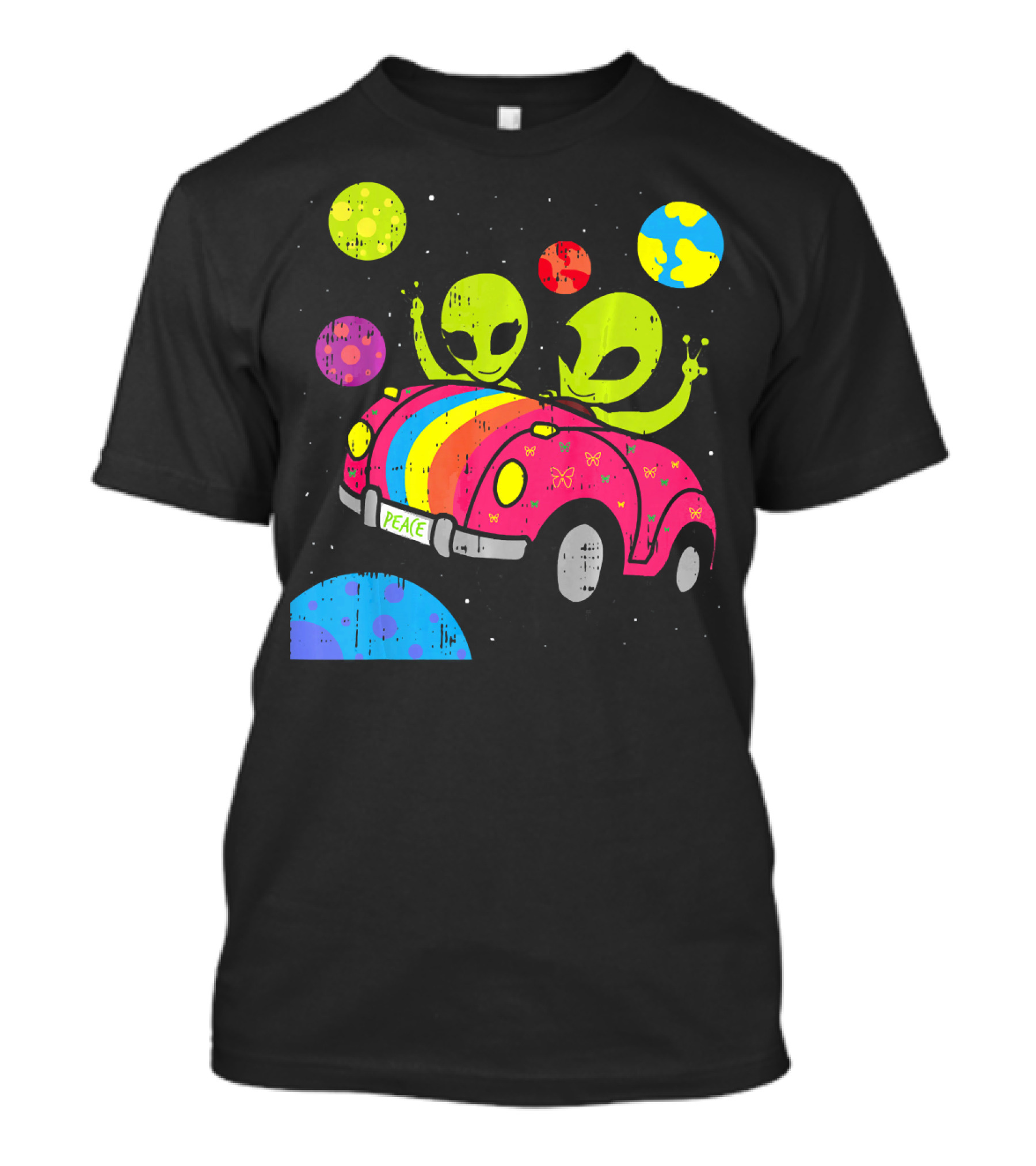 Hippie Alien Space Roadtrip With Peaceful Car And Colorful Planets T-Shirt