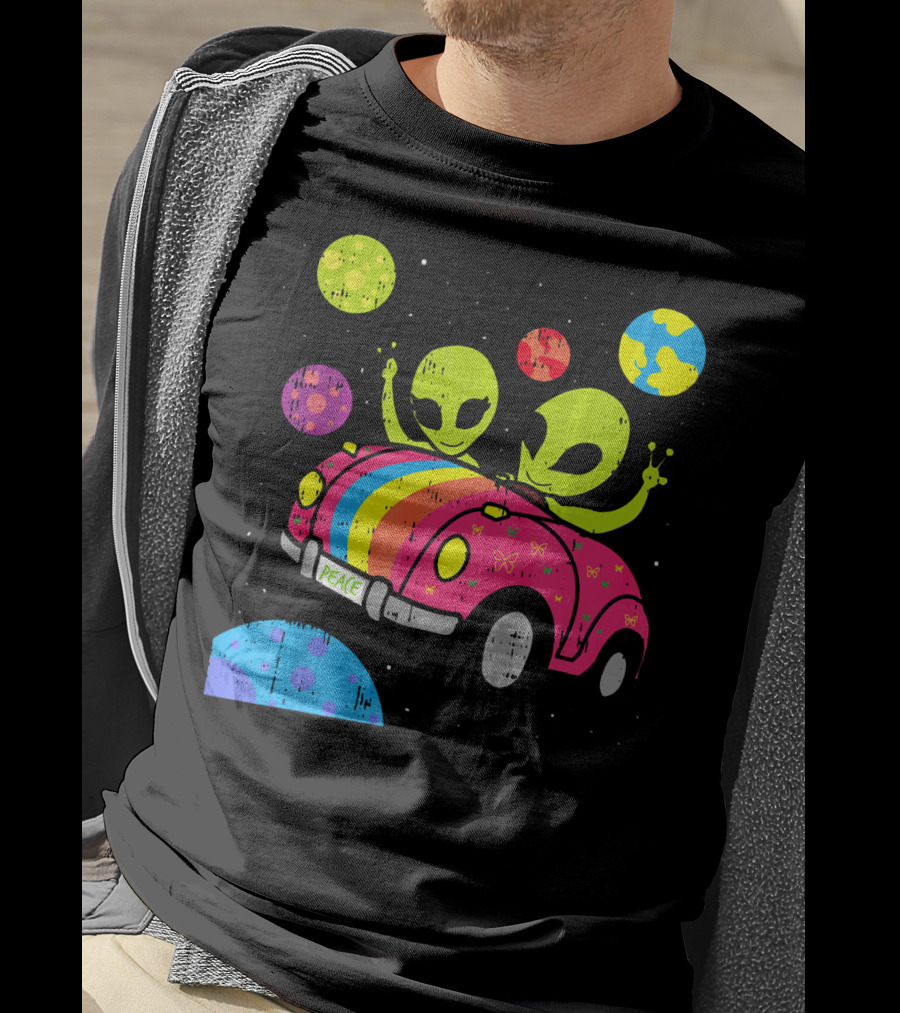 Hippie Alien Space Roadtrip With Peaceful Car And Colorful Planets T-Shirt