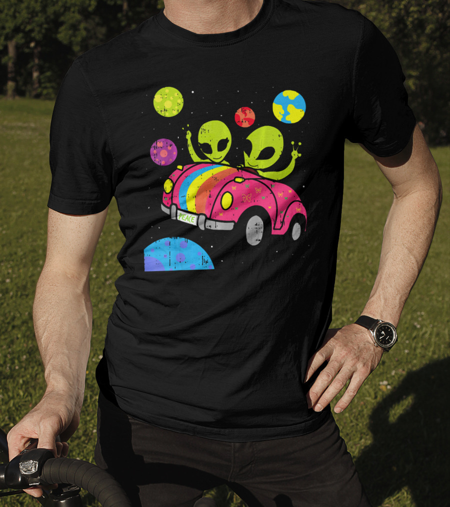 Hippie Alien Space Roadtrip With Peaceful Car And Colorful Planets T-Shirt