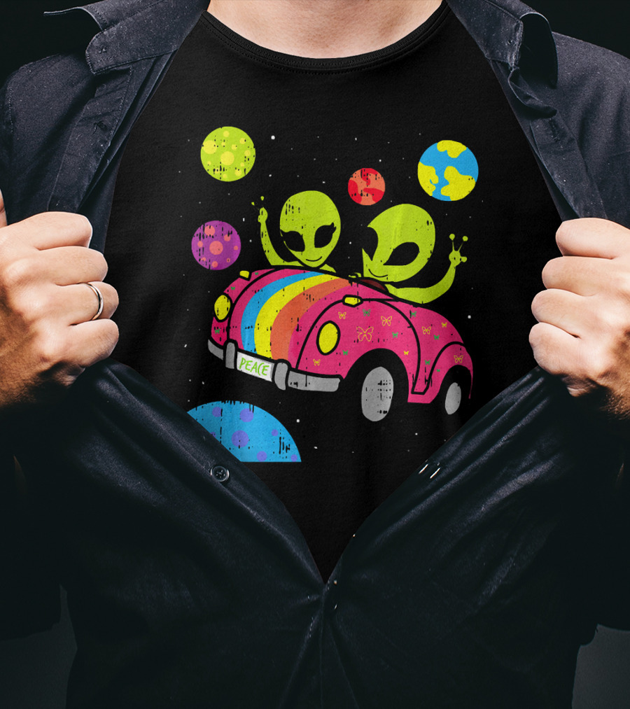 Hippie Alien Space Roadtrip With Peaceful Car And Colorful Planets T-Shirt