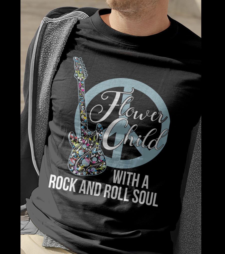 Flower Child With A Rock And Roll Soul Peace Sign Guitar T-Shirt