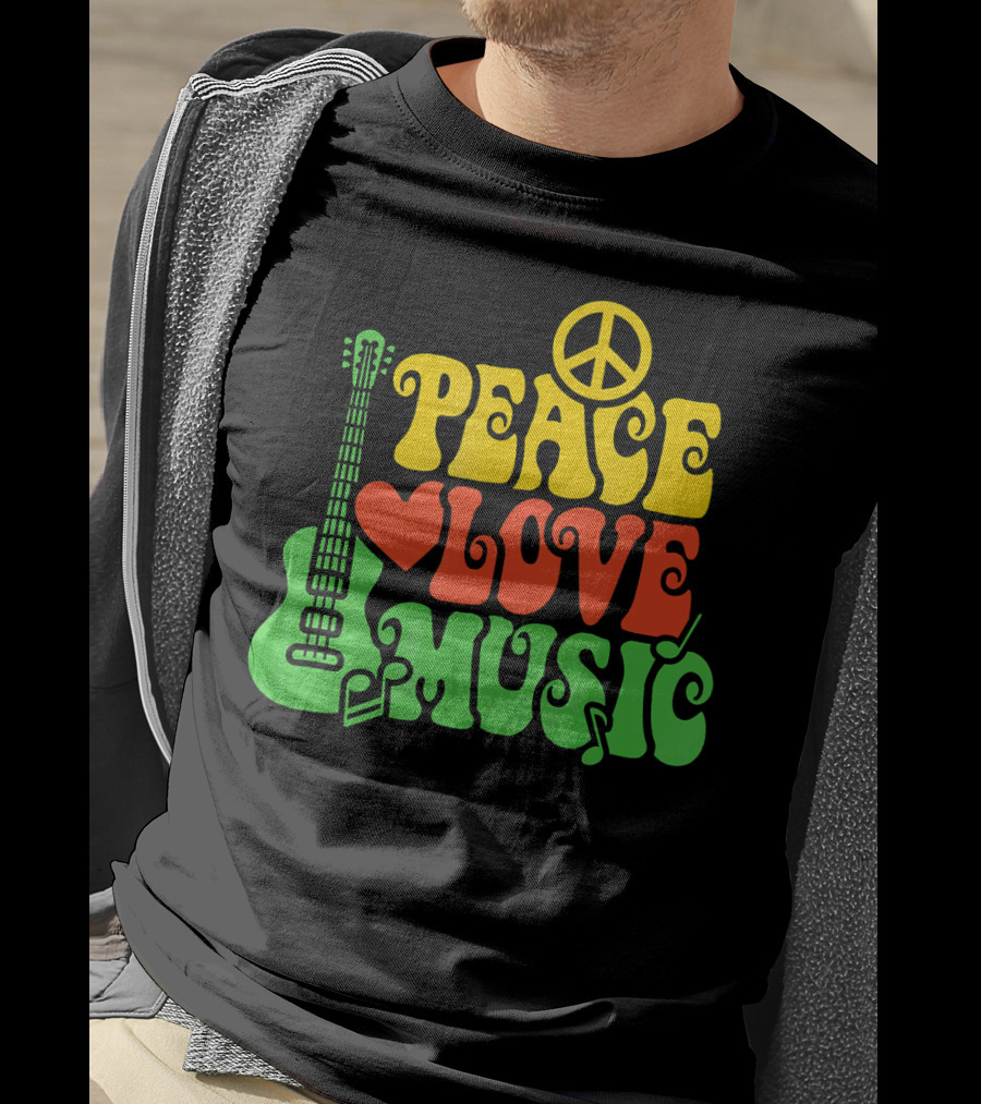 PEACE LOVE MUSIC Reggae Guitar Peace Symbol Heart Notes T-Shirt
