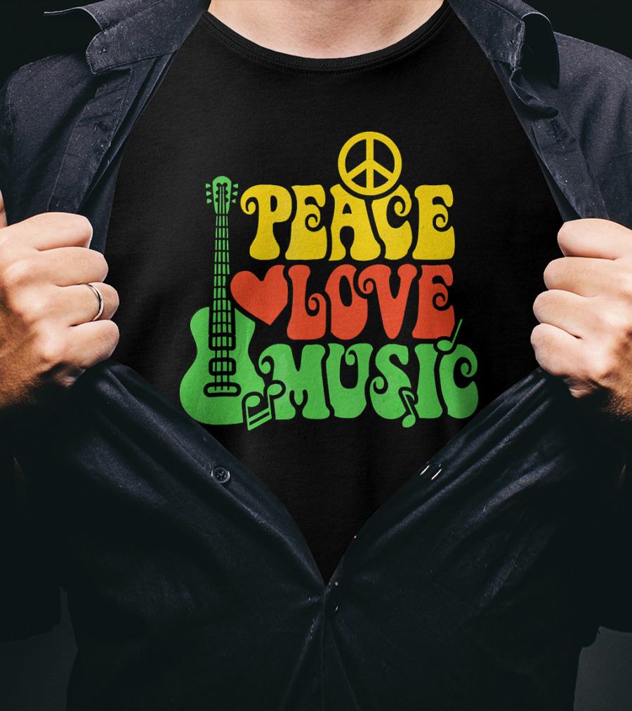 PEACE LOVE MUSIC Reggae Guitar Peace Symbol Heart Notes T-Shirt