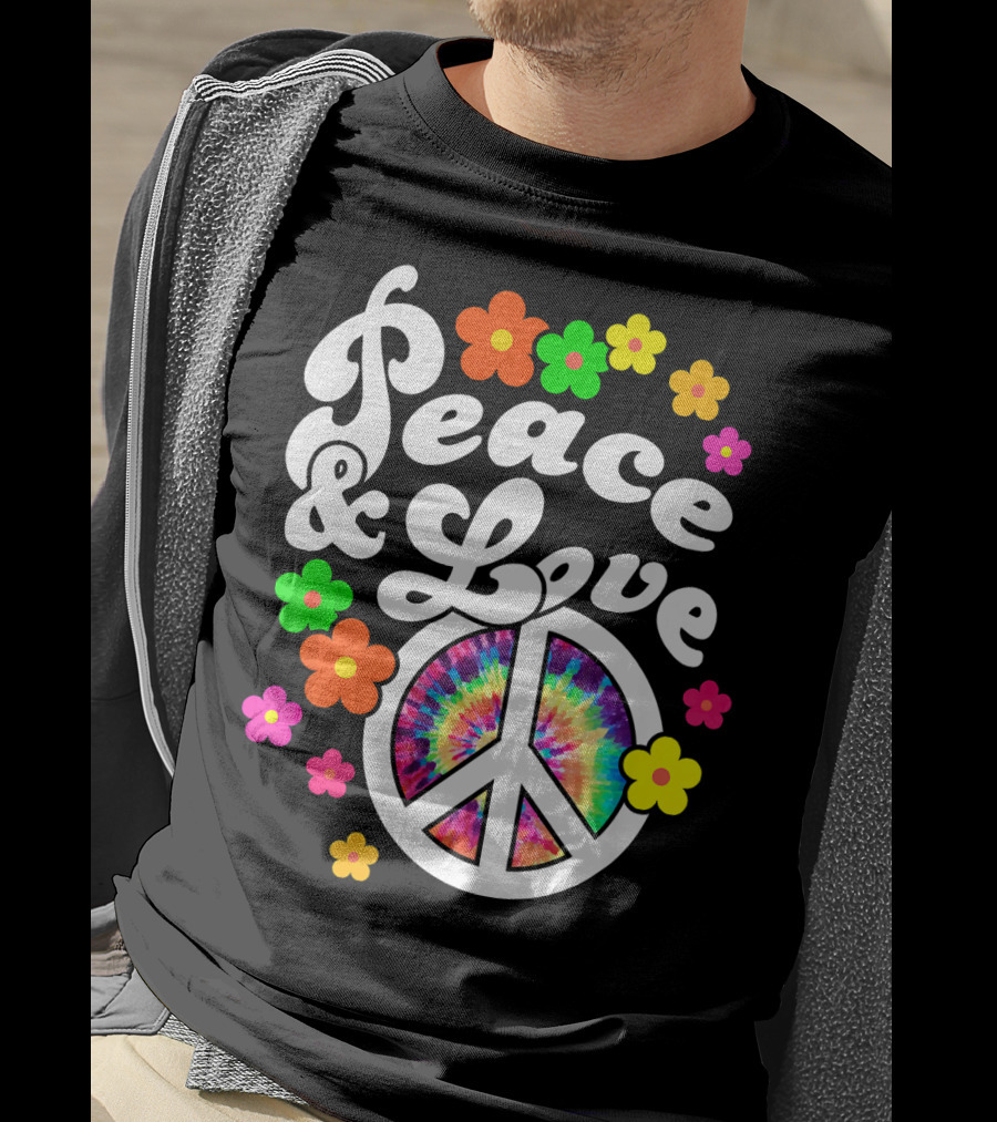 Peace And Love Hippie Sign With Colorful Flower T-Shirt