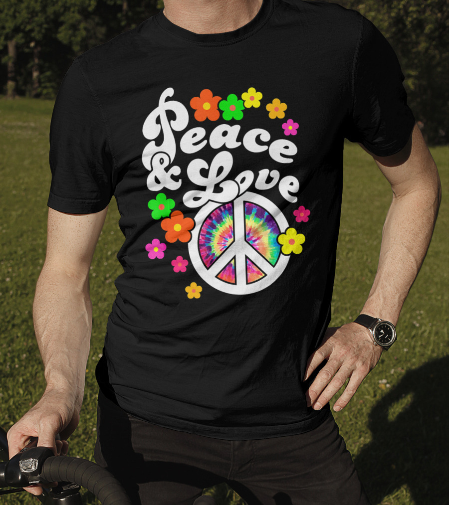 Peace And Love Hippie Sign With Colorful Flower T-Shirt