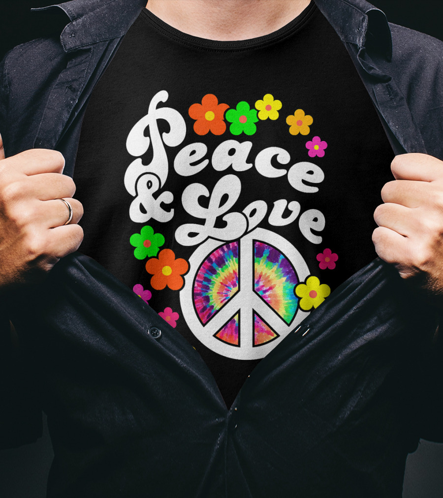 Peace And Love Hippie Sign With Colorful Flower T-Shirt