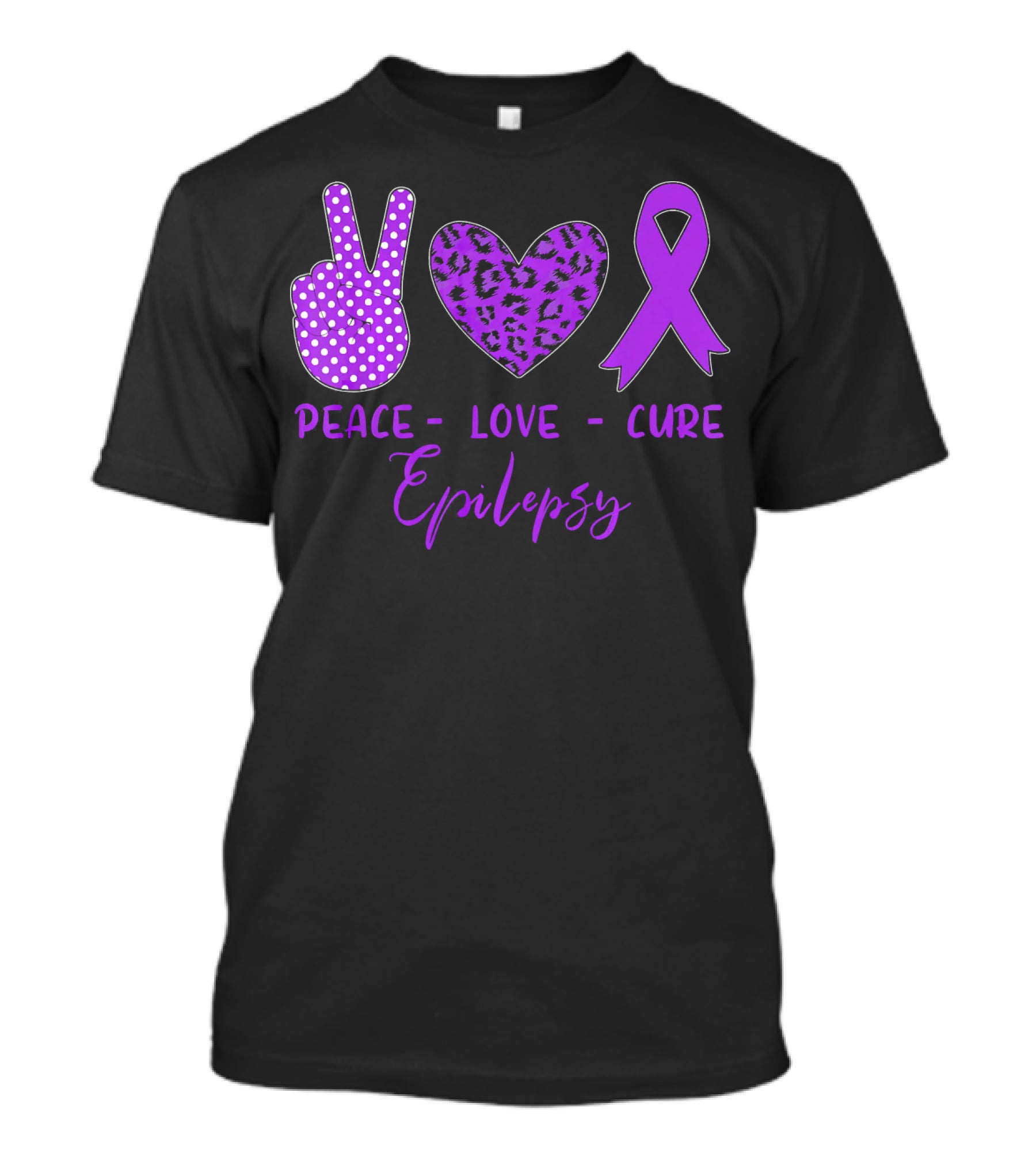 Peace Love Cure Epilepsy Purple Ribbon Polka Dot Leopard Print T-Shirt