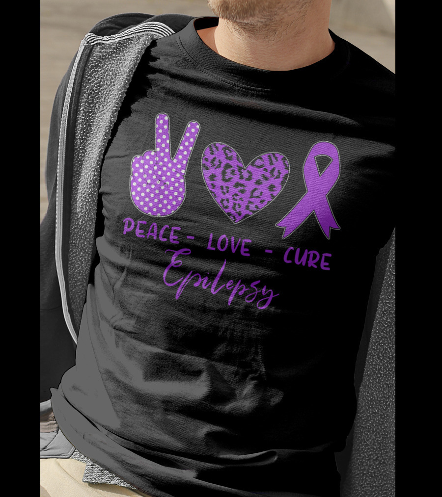 Peace Love Cure Epilepsy Purple Ribbon Polka Dot Leopard Print T-Shirt