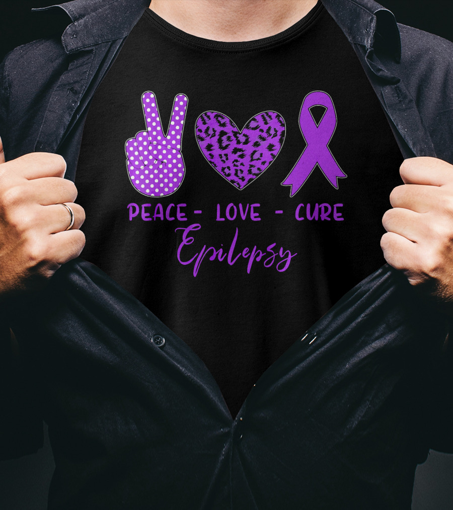 Peace Love Cure Epilepsy Purple Ribbon Polka Dot Leopard Print T-Shirt