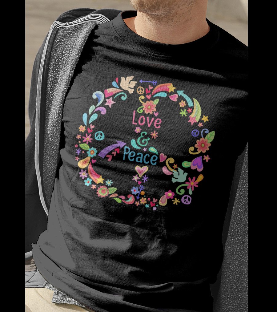 Love And Peace Hippie 60s 70s Floral T-Shirt