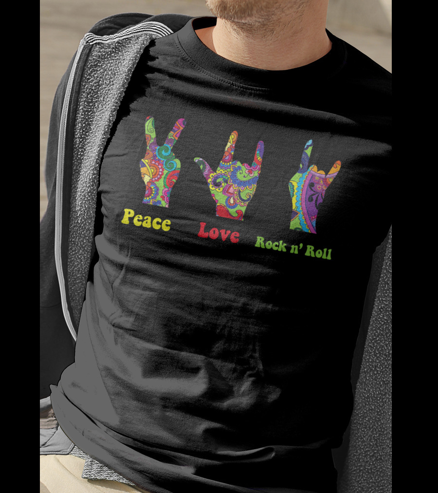 Peace Love Rock N' Roll Hippie Hippies Psychedelic Hand Signs T-Shirt