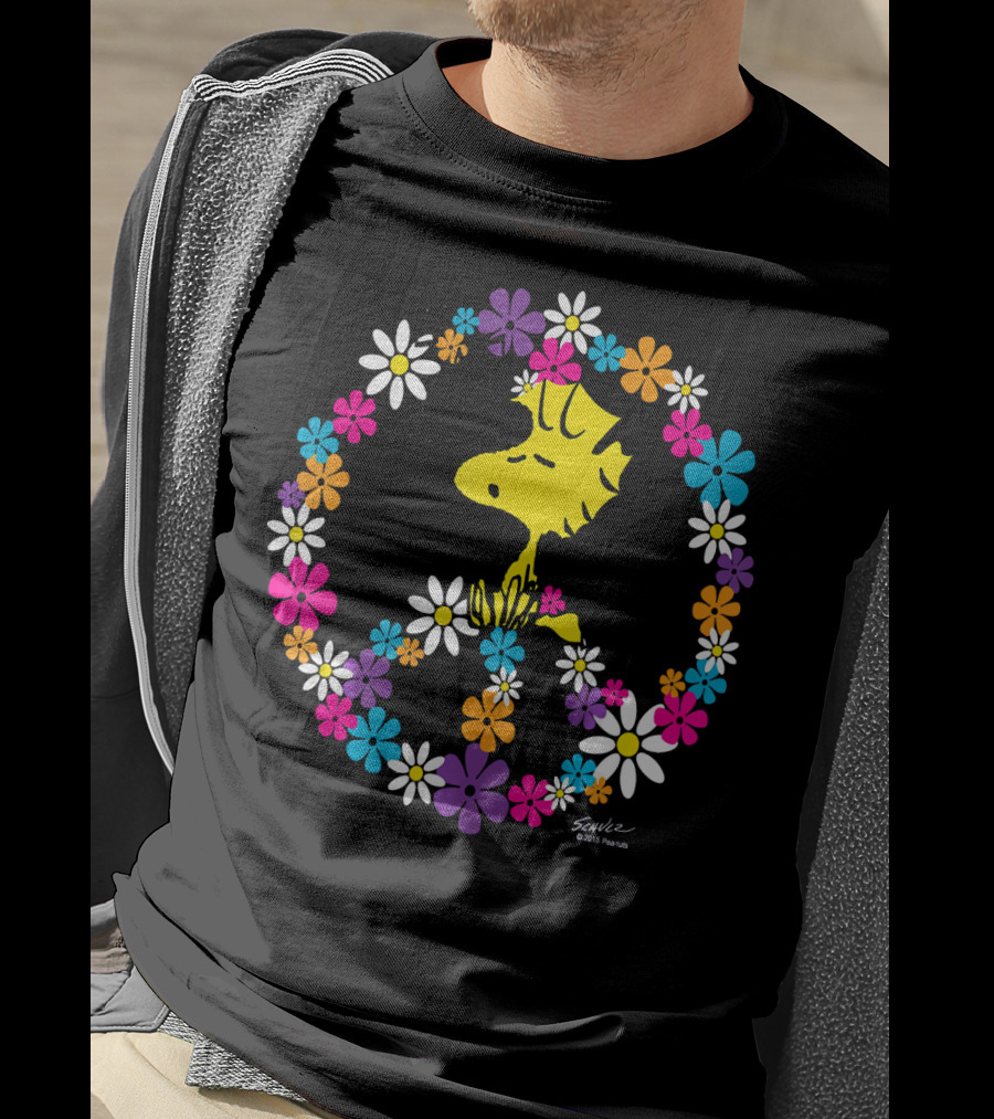Peanuts Woodstock Surrounded By Peace Sign And Vibrant Floral T-Shirt