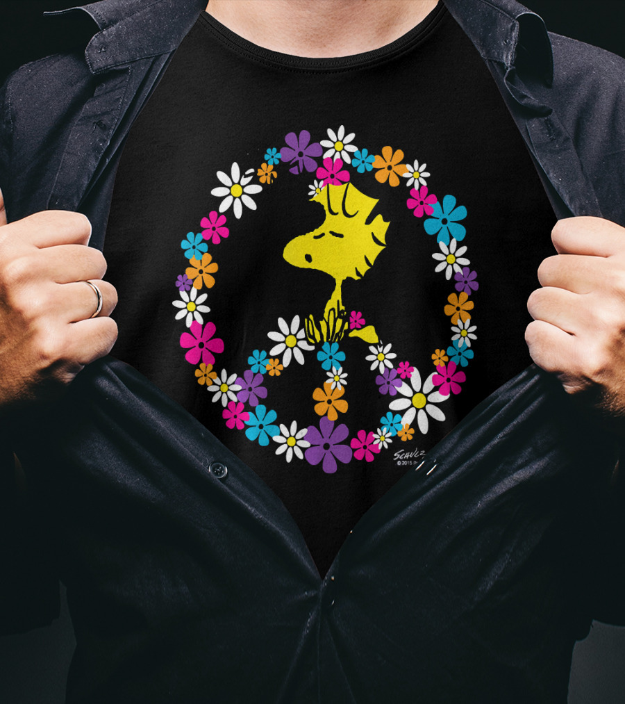 Peanuts Woodstock Surrounded By Peace Sign And Vibrant Floral T-Shirt