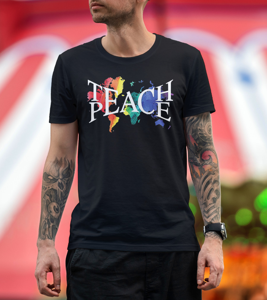 Teach Peace World Map Rainbow Colors T-Shirt
