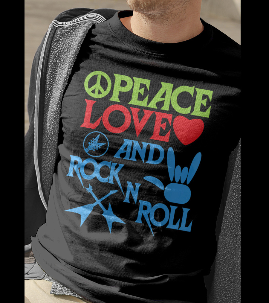 Peace Love Heart And Rock N Roll Peace Sign Guitar Hand Gesture T-Shirt