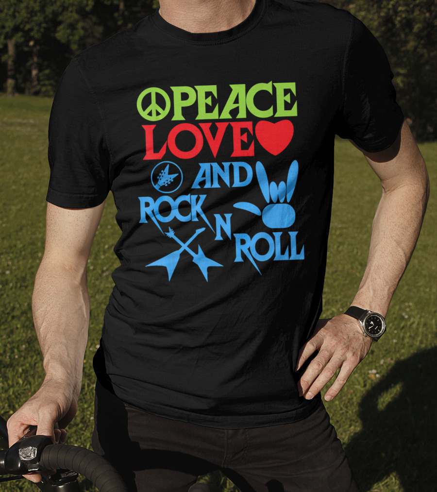 Peace Love Heart And Rock N Roll Peace Sign Guitar Hand Gesture T-Shirt