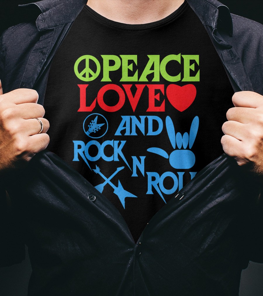 Peace Love Heart And Rock N Roll Peace Sign Guitar Hand Gesture T-Shirt