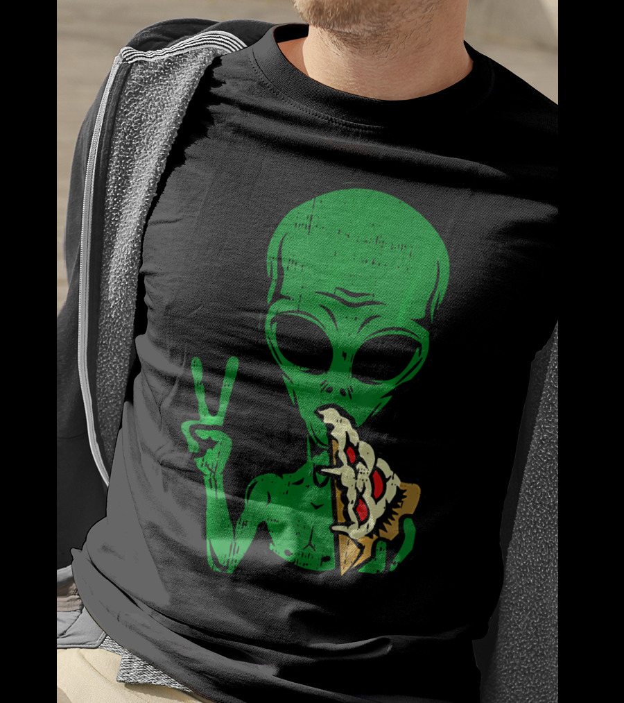 Alien Pizza Eating Peace Funny Space Are T-Shirt