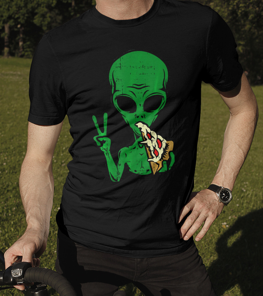 Alien Pizza Eating Peace Funny Space Are T-Shirt