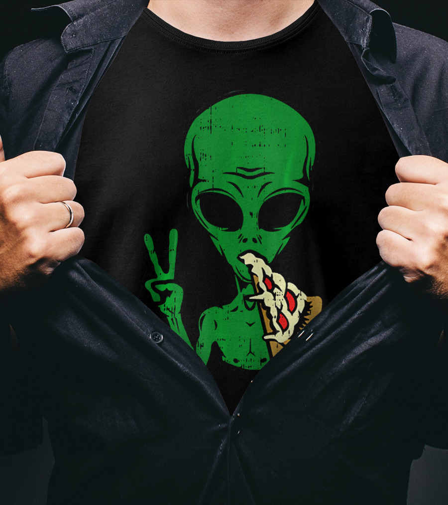 Alien Pizza Eating Peace Funny Space Are T-Shirt
