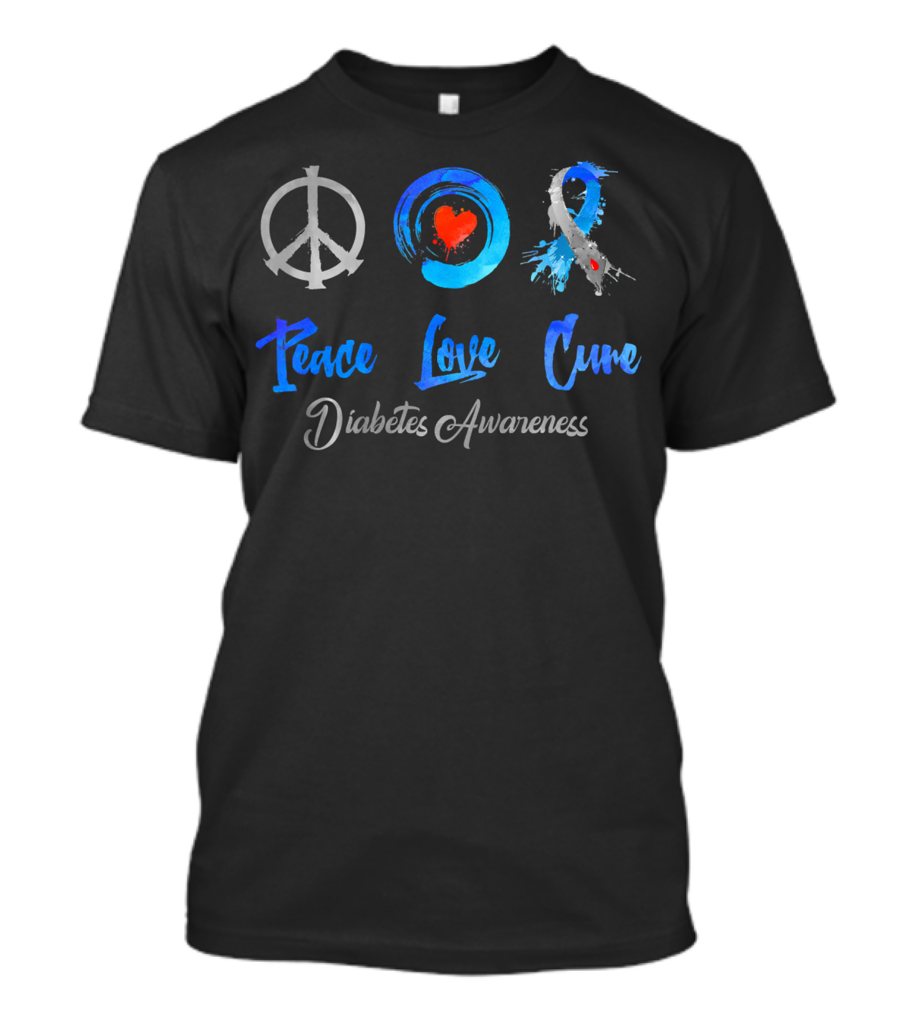 Peace Love Cure Diabetes Awareness Grey Blue T-Shirt