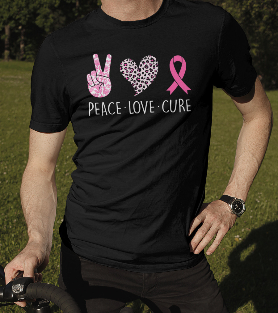 Peace Love Cure Pink Ribbon Heart Breast Cancer Awareness T-Shirt
