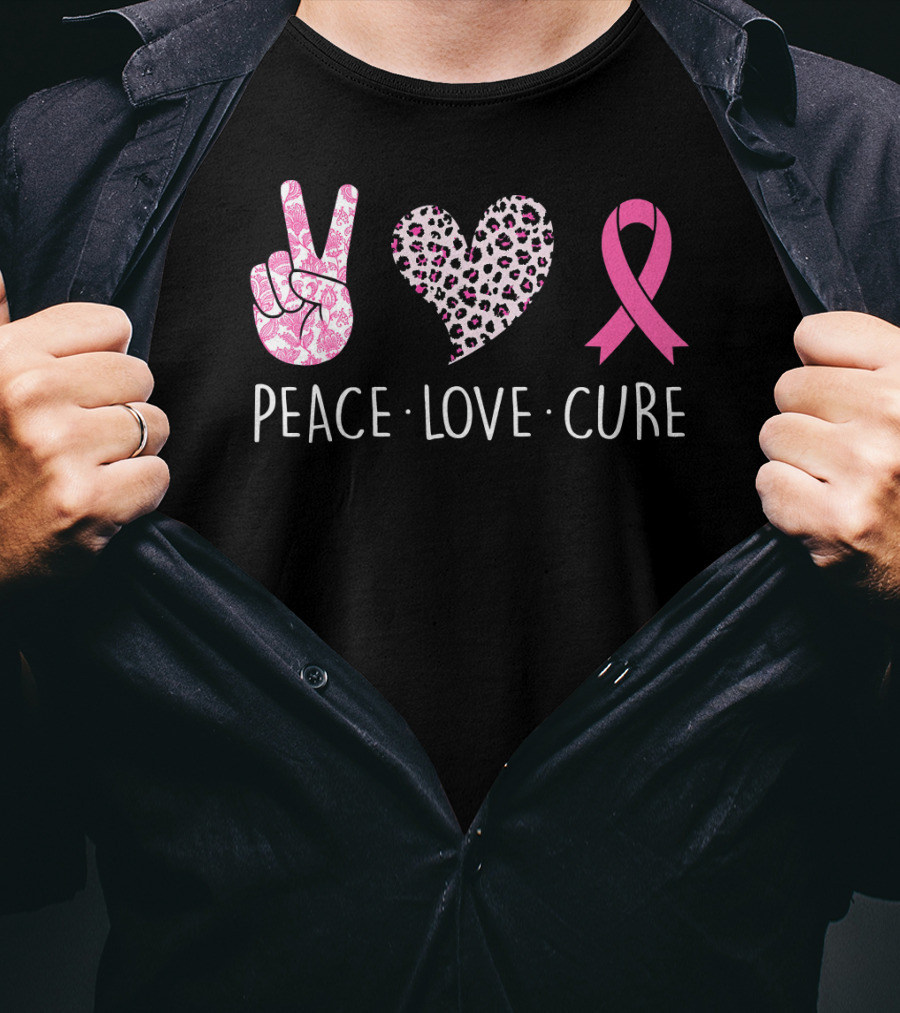 Peace Love Cure Pink Ribbon Heart Breast Cancer Awareness T-Shirt