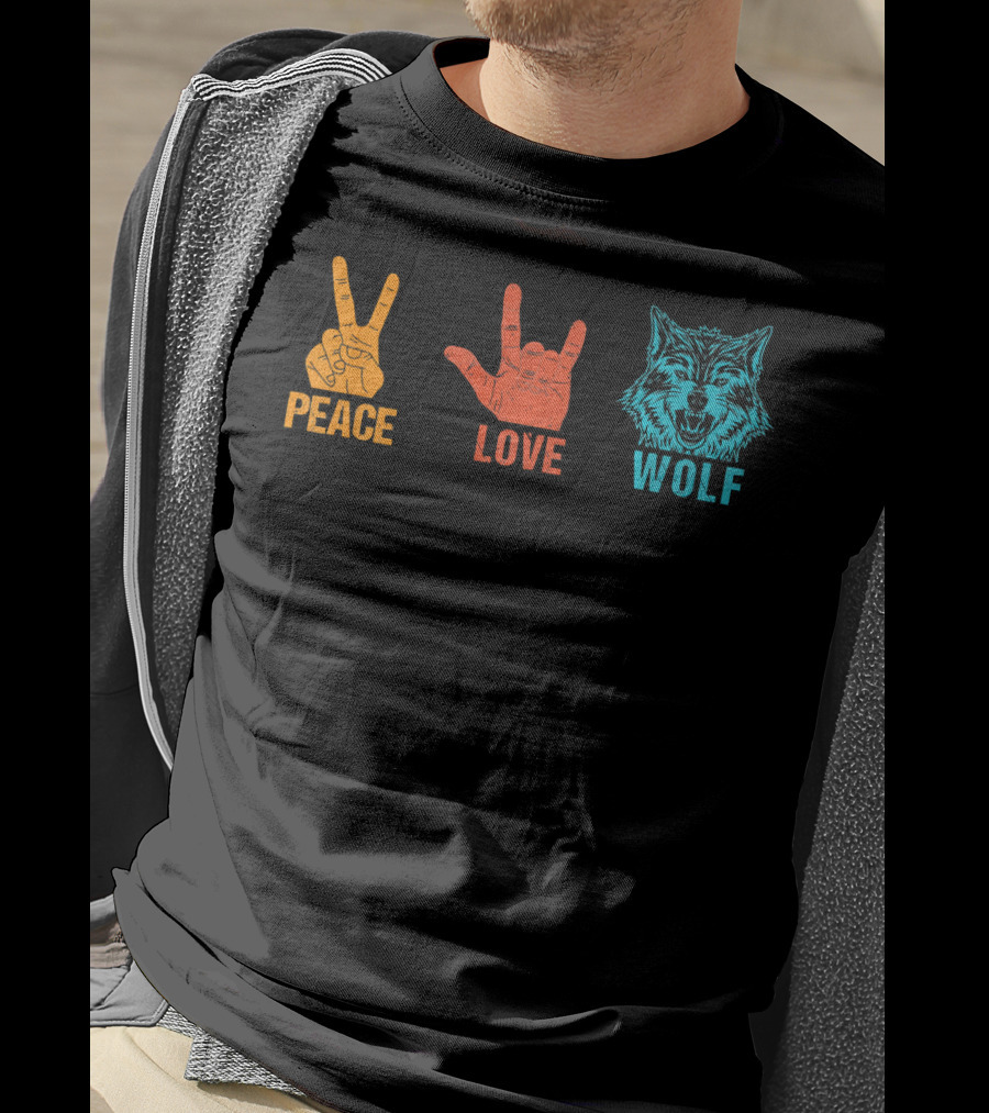 Peace Love Wolf Hand Signs Vintage Wolf Head T-Shirt