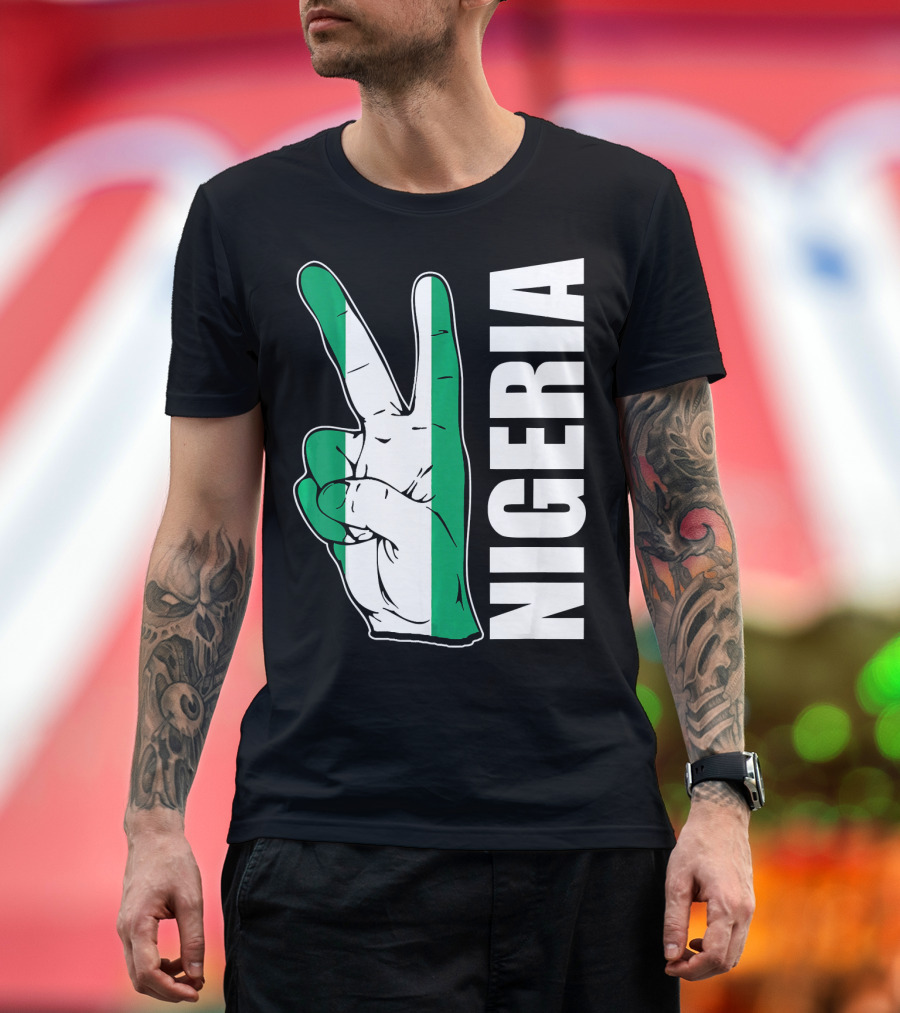 Nigerian Pride Peace Gesture with Nigeria Flag Colors and Nigeria Text T-Shirt