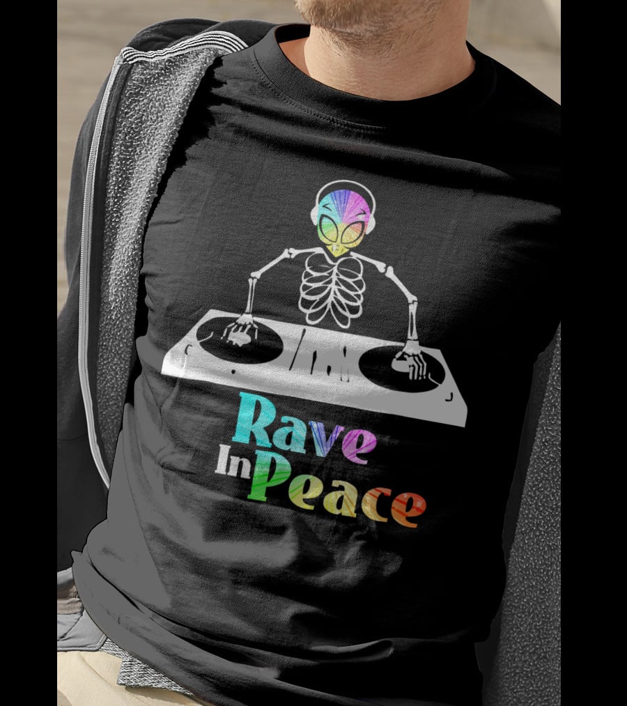 Rave In Peace Colorful DJ Alien Skeleton T-Shirt