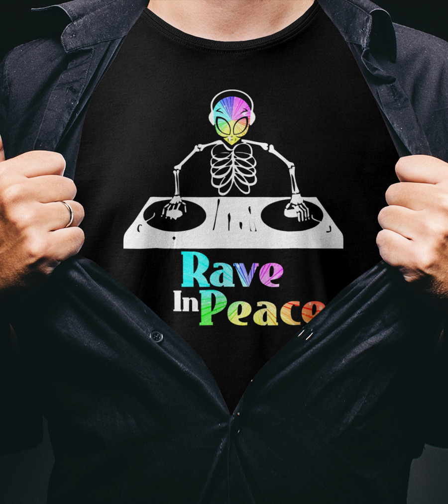 Rave In Peace Colorful DJ Alien Skeleton T-Shirt