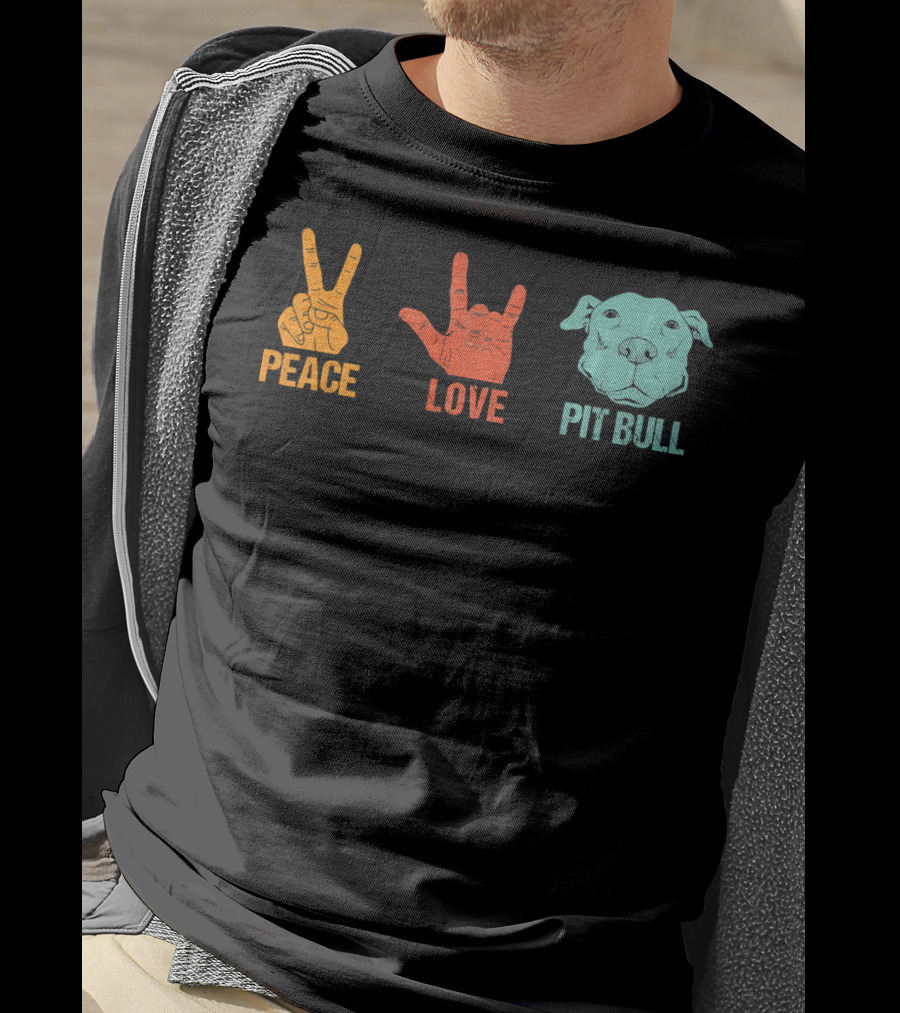 Peace Love Pit Bull Vintage Hand Signs Dog T-Shirt