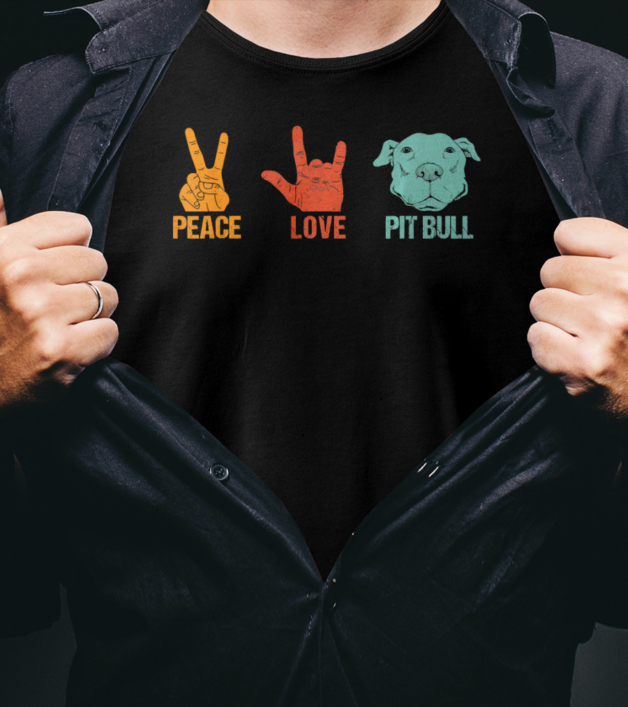 Peace Love Pit Bull Vintage Hand Signs Dog T-Shirt