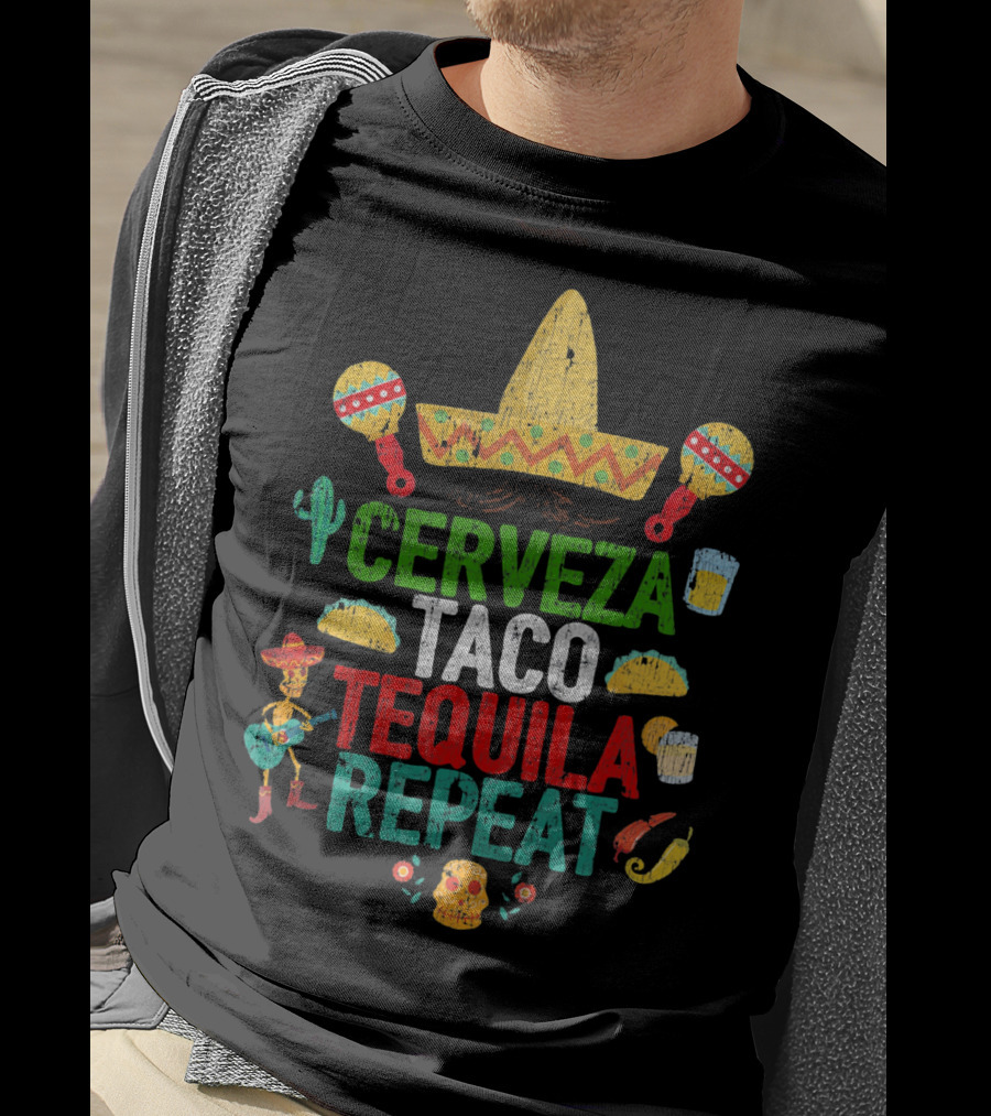 Cinco De Mayo Sombrero Cerveza Taco Tequila Repeat Party T-Shirt