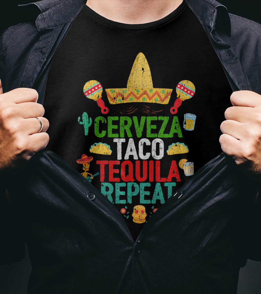 Cinco De Mayo Sombrero Cerveza Taco Tequila Repeat Party T-Shirt