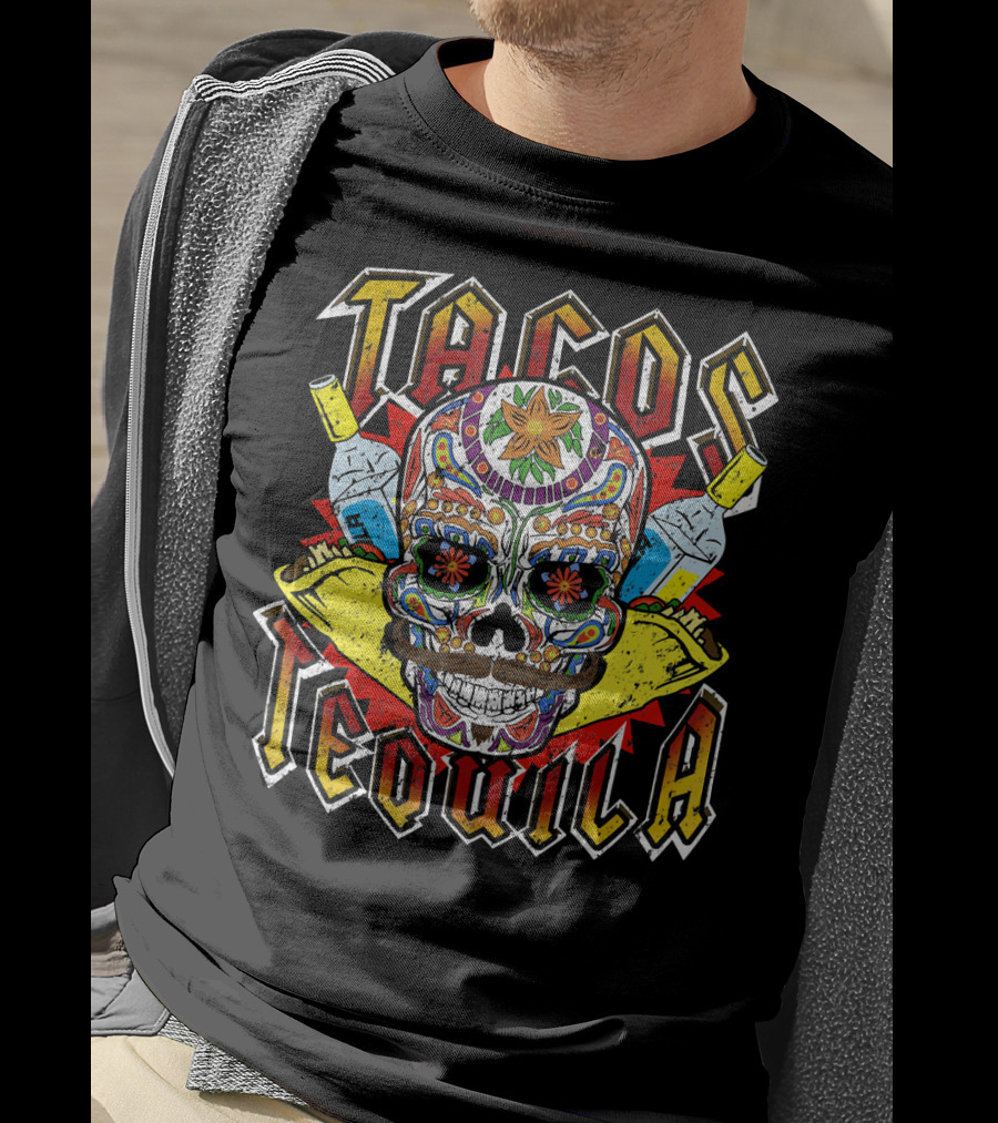 Tacos Tequila Sugar Skull Vintage Mexican T-Shirt