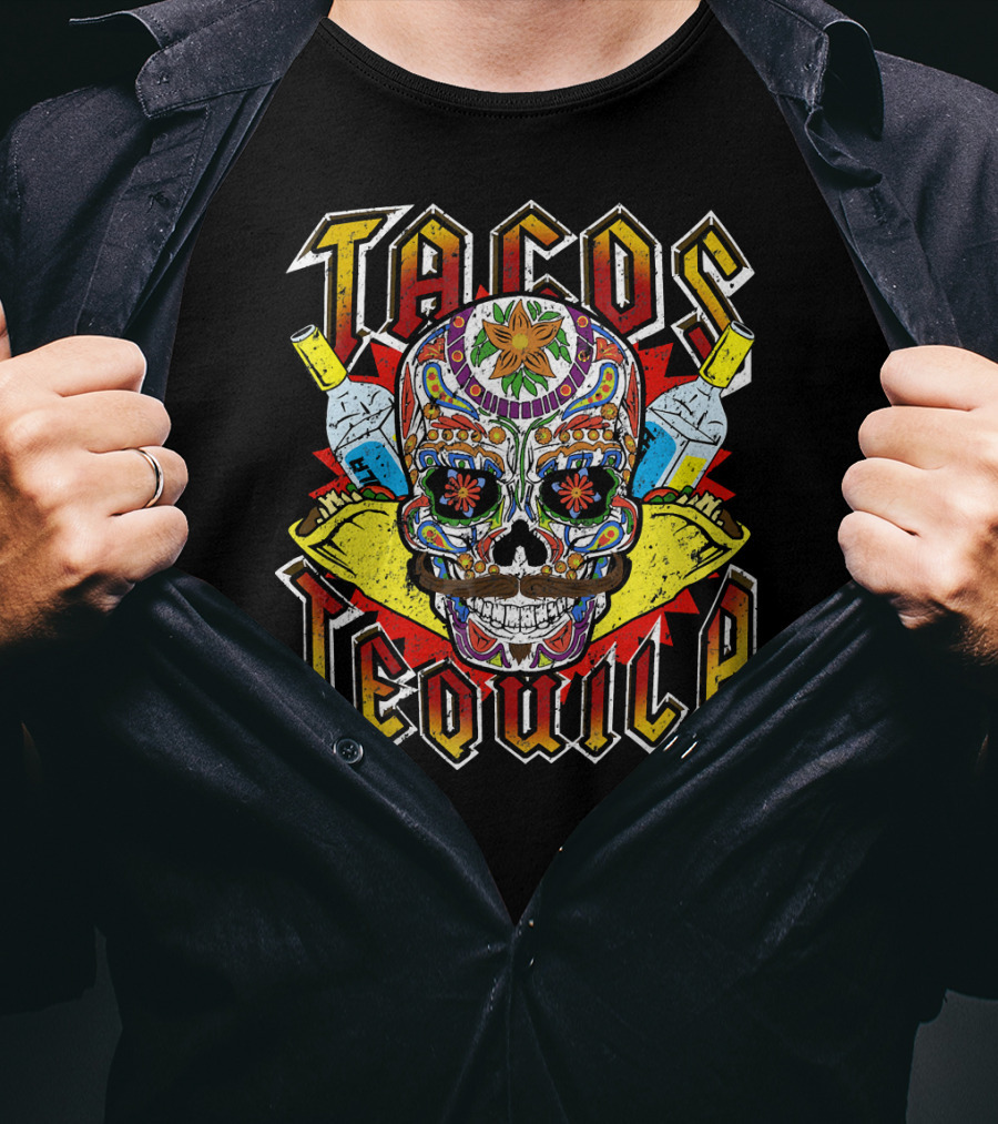 Tacos Tequila Sugar Skull Vintage Mexican T-Shirt