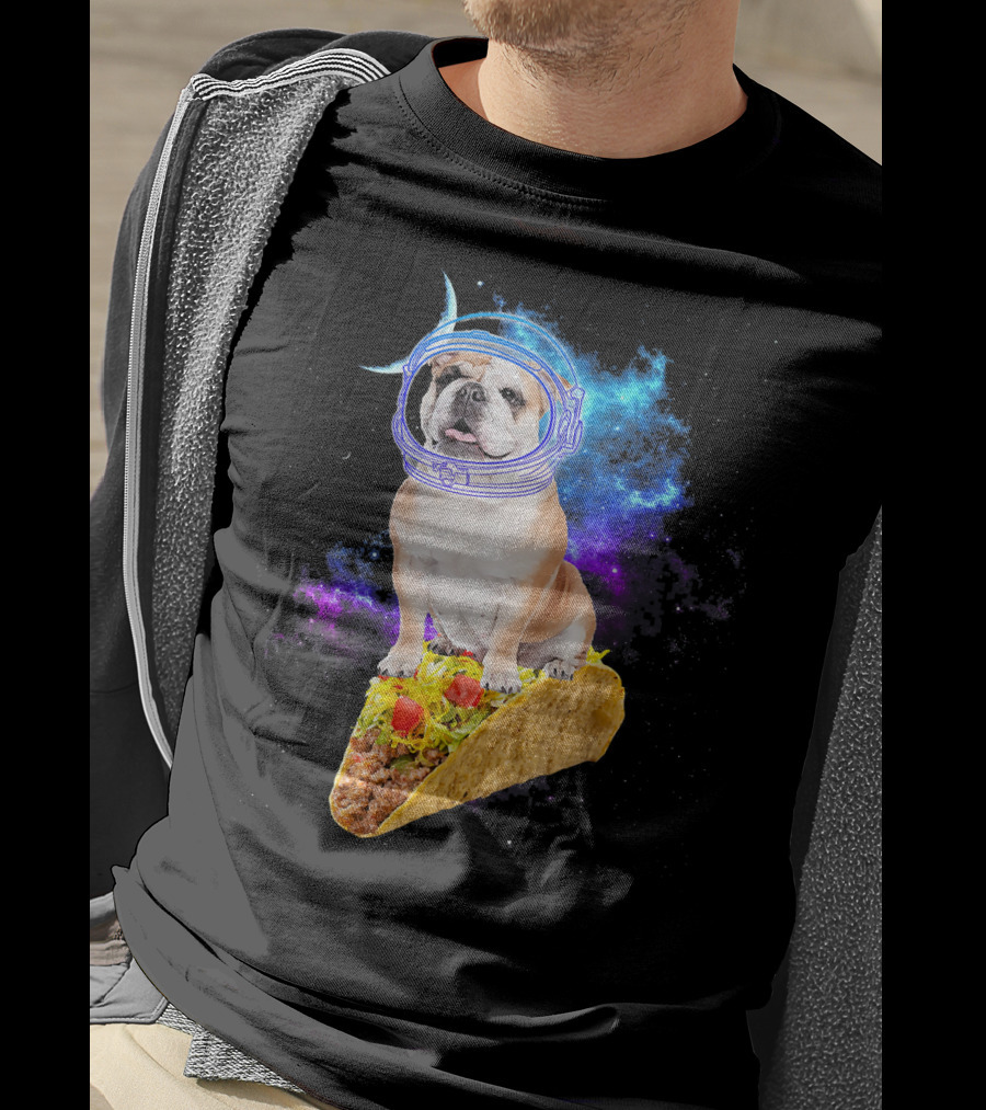 Space English Bulldog Astronaut Riding Taco In Galaxy T-Shirt