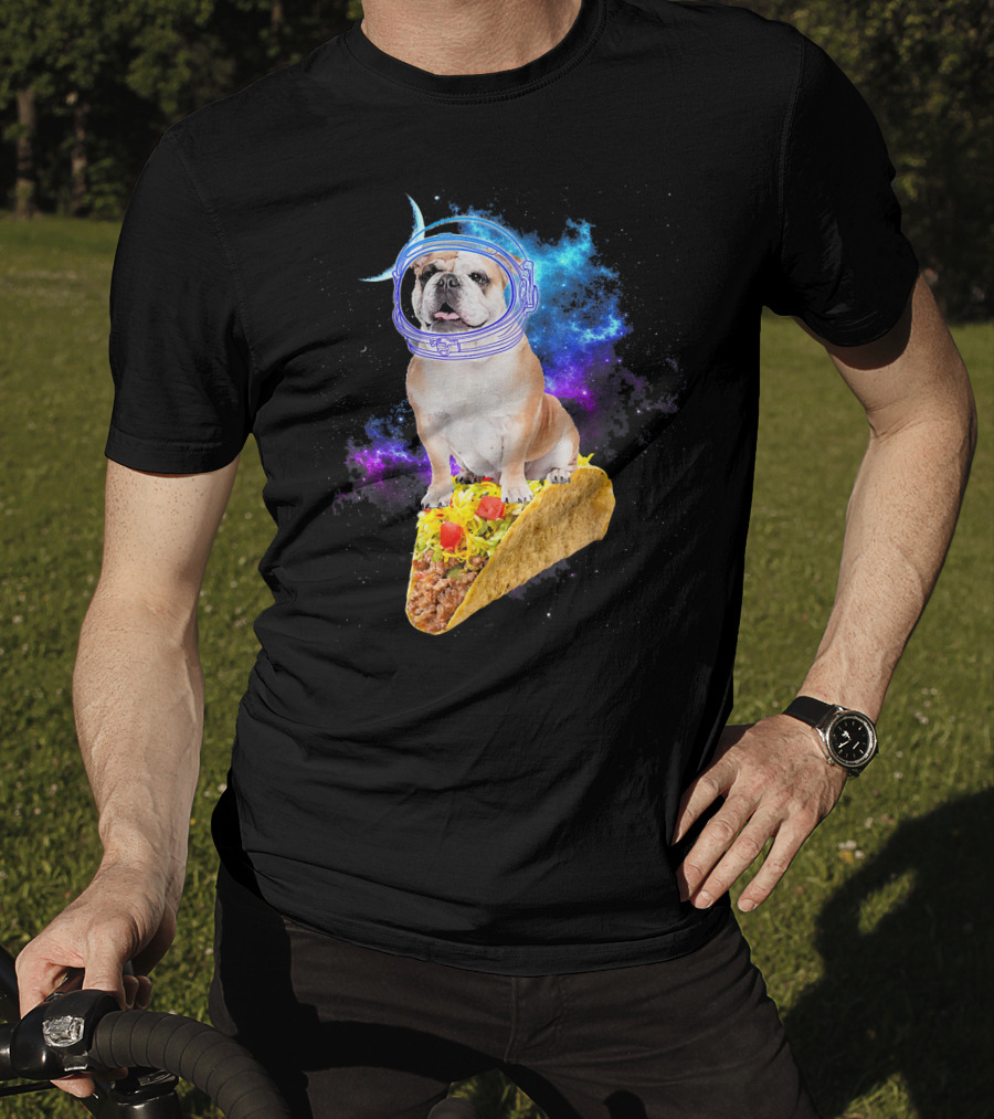 Space English Bulldog Astronaut Riding Taco In Galaxy T-Shirt